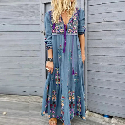 LP | Long Dress for Women 2023 Fall Beach Bohemian Dresses Casual Robe Women's Clothing Y2K Floral Skirt Elegant Maxi Dress