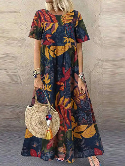 LP | ZANZEA 2023 Vintage Printed Dress Women's Summer Sundress Casual Short Sleeve Maxi Vestidos Female O Neck Floral Robe Femme