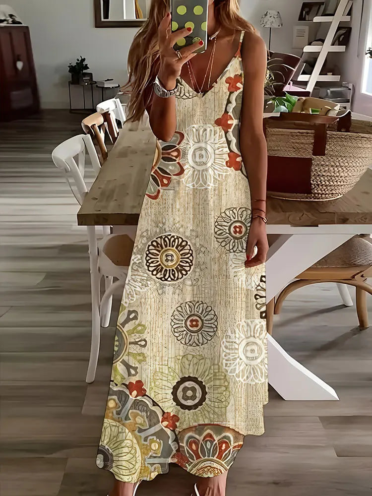 LP | 2024 New Vintage Ethnic Print Ladies Dress Elegant Summer Ladies Dress Casual Sleeveless Road Fashion Ladies Dress Long