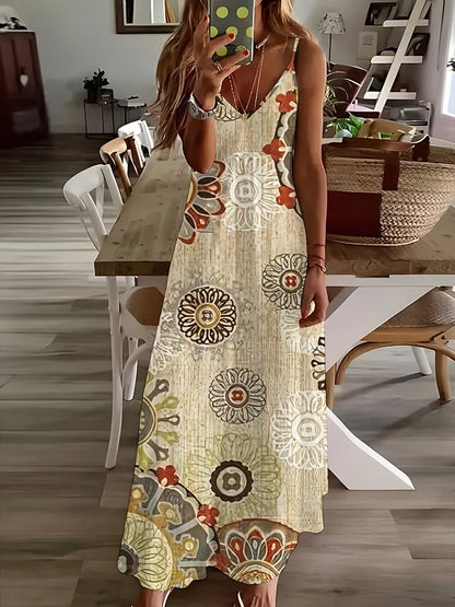LP | 2024 New Vintage Ethnic Print Ladies Dress Elegant Summer Ladies Dress Casual Sleeveless Road Fashion Ladies Dress Long