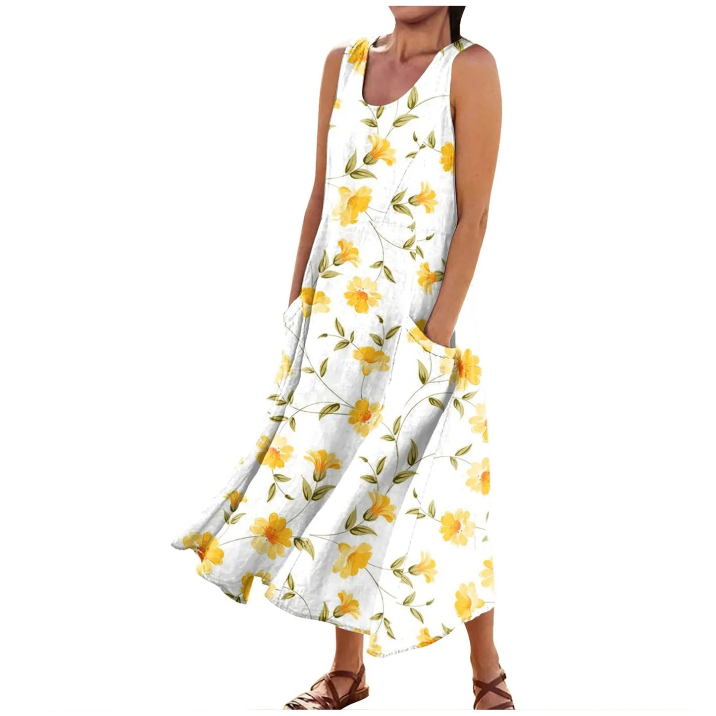 LP | Women's Boho Floral Printed Beach Long Dress Fashion Round Neck Suspender Dresses Elegant Casual Loose Comfortable Dress 2024