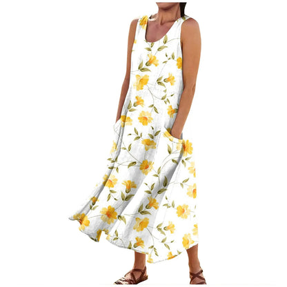 LP | Women's Boho Floral Printed Beach Long Dress Fashion Round Neck Shoulder Strap Dresses Elegant Casual Loose Comfortable Dress 2024