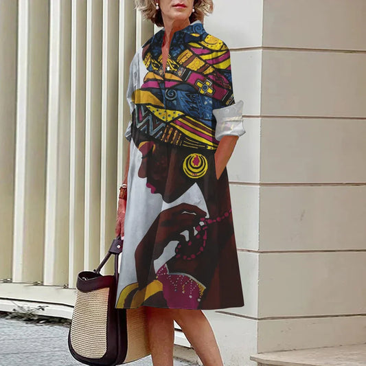LP | Summer New Elegant Women's Shirt Women Casual Printed Long Sleeve Fashion Lapel Road Women Dresses Dinner Party Dresses