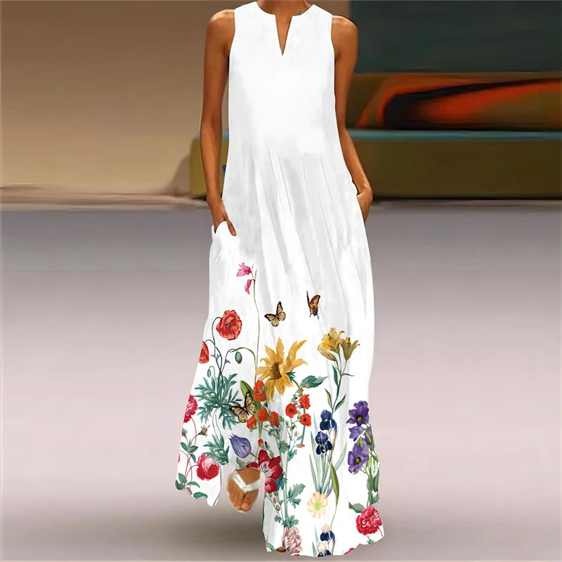 LP | Spring Summer Long Women's Floral Sleeveless Dress Sleeveless Print Loose Elegant Party Dress For Women 2024 Casual Beach Maxi Dress Women's
