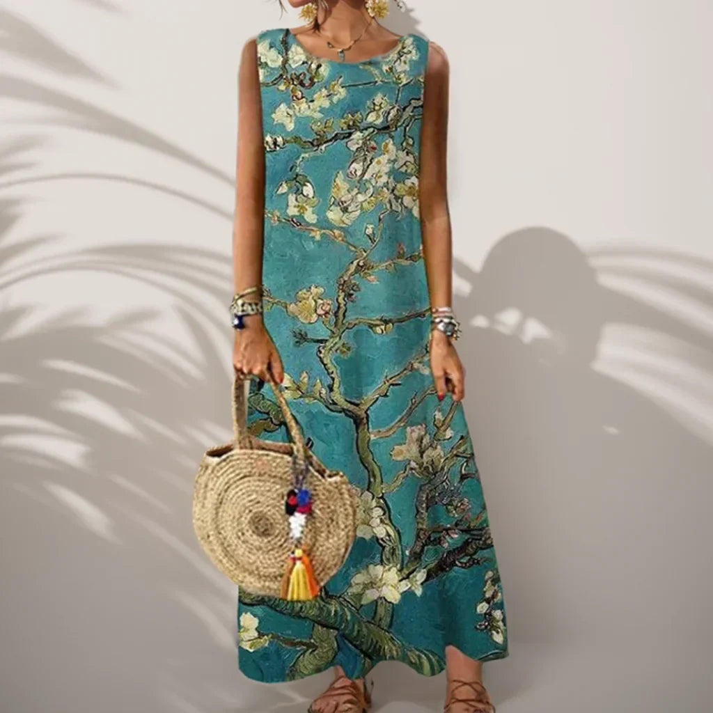 LP | Vintage Floral Printed Women Sleeveless Sundress Summer Loose Casual Beach Long Dress Ladies Bohemia Maxi Dresses Party Vestidos
