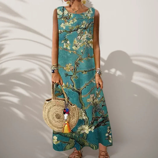 LP | Vintage Floral Printed Women Sleeveless Sundress Summer Loose Casual Beach Long Dress Ladies Bohemia Maxi Dresses Party Vestidos