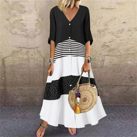 LP | 2025 Spring Oversize Women's Long Dress Print V-neck Short Sleeve Button Loose A-Line Dresses Women's Casual Clothing Elegant