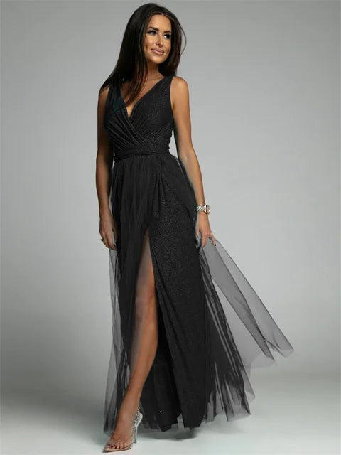LD evening dress with elegant design and V-neckline