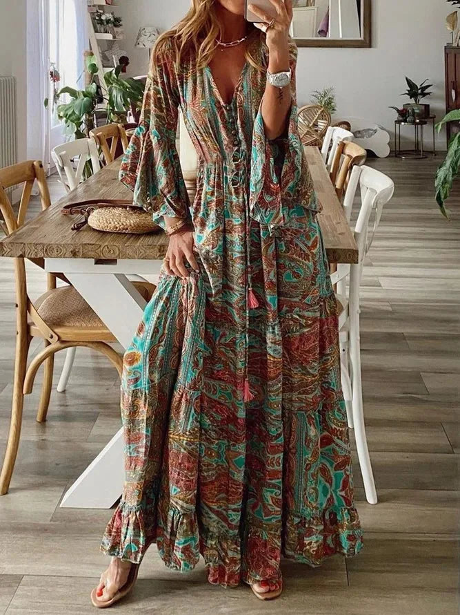 LP | 2023Crossed-edge bohemian-style flared sleeves printed V-neck high waist dress for vacations with floral dress-for-women