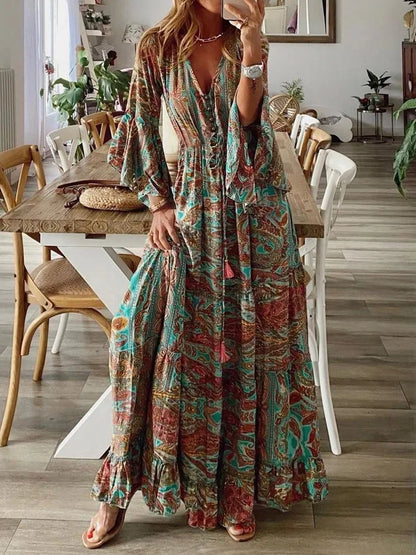 LP | 2023Crossed-edge bohemian-style flared sleeves printed V-neck high waist dress for vacations with floral dress-for-women