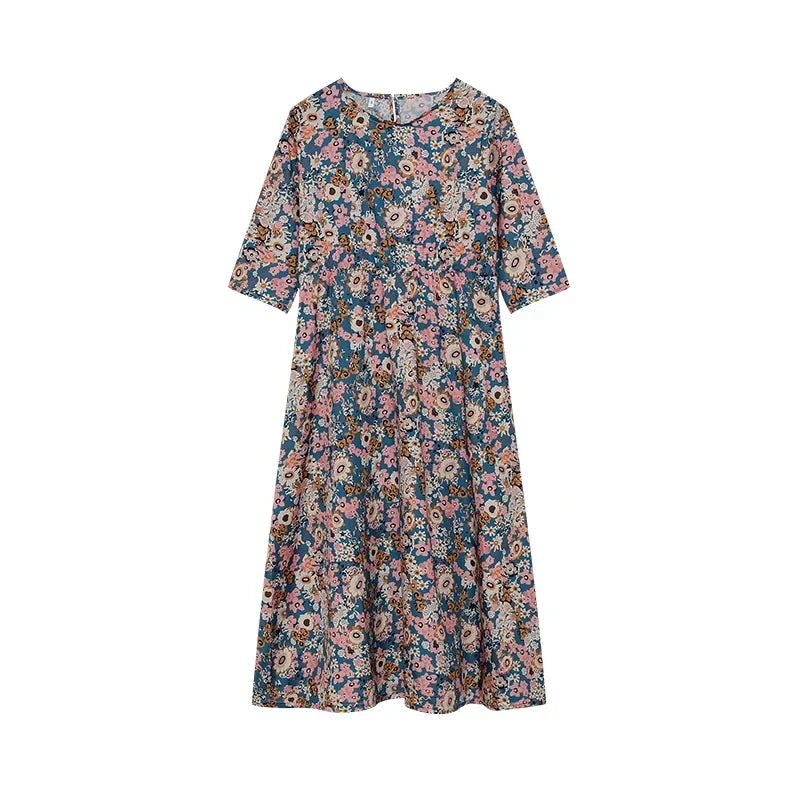 LP | 2024 Boundary Cross Spring and Summer Printed Round Neck Covered Head Mid Sleeves Loose Casual Bag in a Long Dress