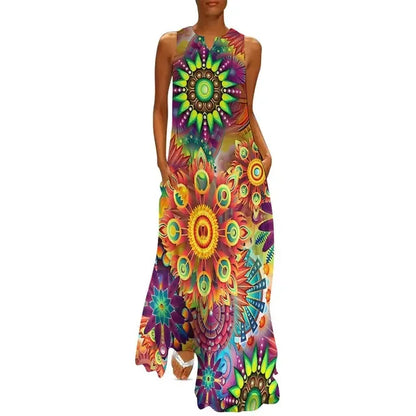 LP | Flower Power Women Dress Summer Print Floral Retro Street Wear Bohemia Long Women's Sleeveless Sexy Maxi Dress Large Size 3XL