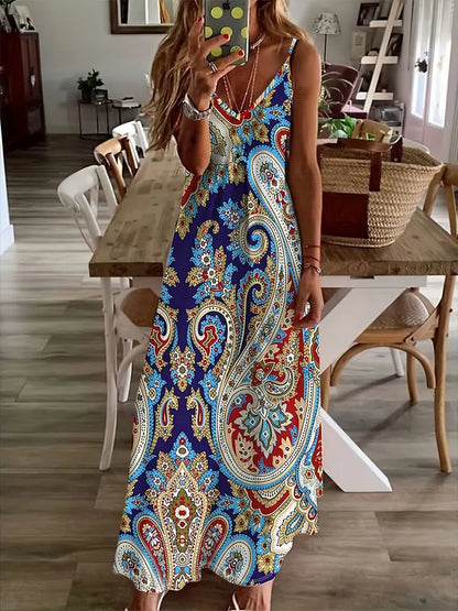 LP | 2024 New Vintage Ethnic Print Ladies Dress Elegant Summer Ladies Dress Casual Sleeveless Road Fashion Ladies Dress Long