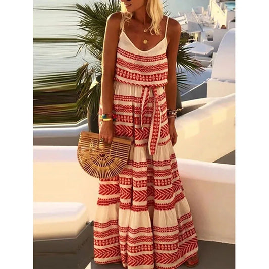 LP | Bohemian Style Print Spaghetti Strap Long Dresses Women V-neck Leace-up Casual Beach Camisole Dress 2024 Summer New Lady Vestido
