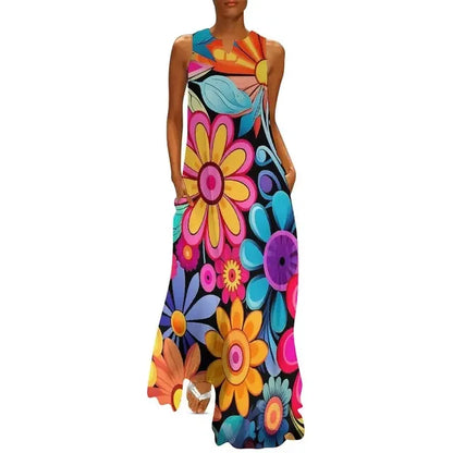 LP | Flower Power Women Dress Summer Print Floral Retro Street Wear Bohemia Long Women's Sleeveless Sexy Maxi Dress Large Size 3XL