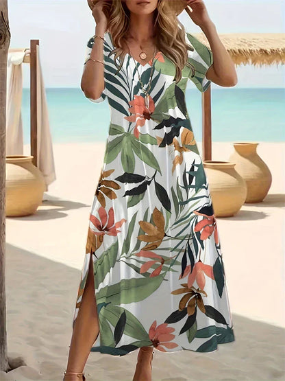 LP | New Floral Printed Dresses Long Hawaiian Dresses Women's Dresses for Holidays Short Sleeve Dresses Fashion Summer V Neck Designs Summer