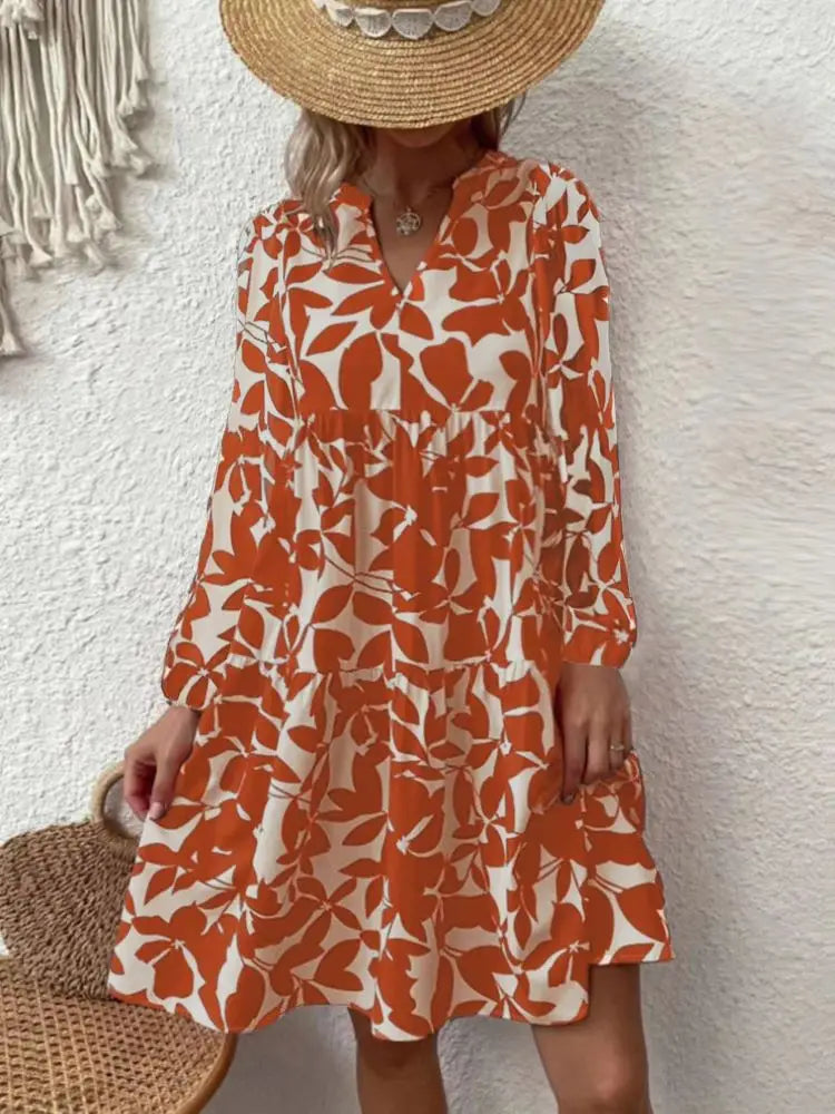LP | 2024 Women's Summer Elegant V-neck Line Pleated Sundress Boho Print Mini Dress Casual Loose Fit Oversize Beach Sundress