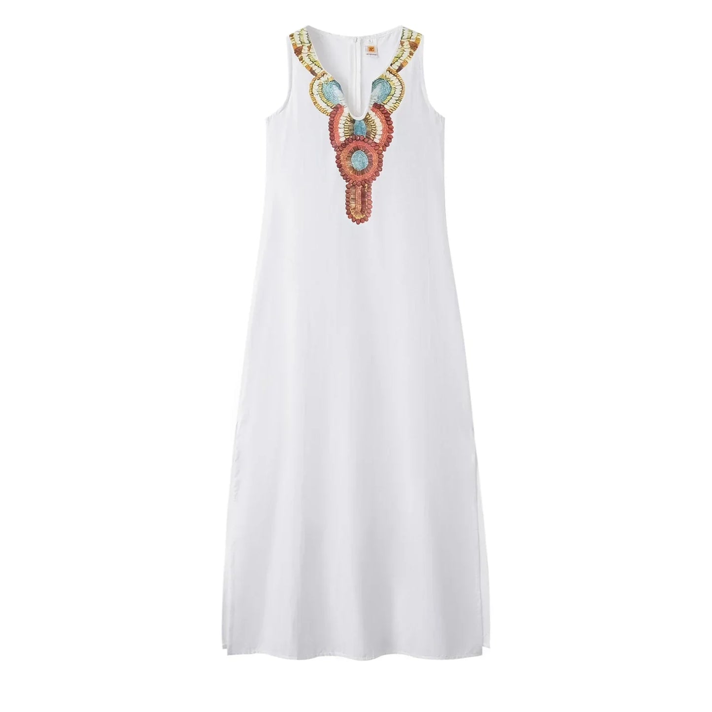 LP | women new casual loose cotton hemp bohemian sexy sleeveless deep V-neck side split dress
