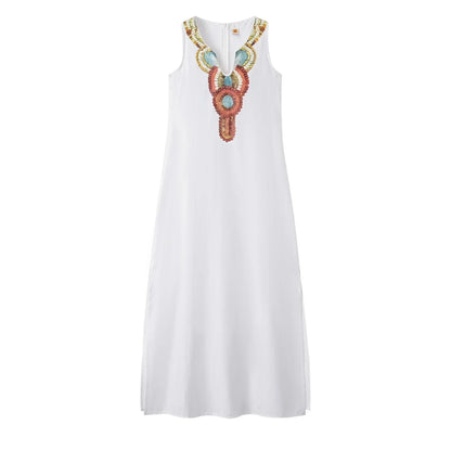 LP | women new casual loose cotton hemp bohemian sexy sleeveless deep V-neck side split dress