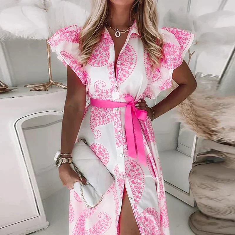 LP | Midi dress with ruffles, short sleeves, V-neck, printed with buttons