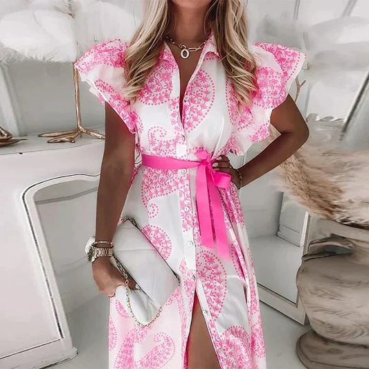 LP | Midi dress with ruffles, short sleeves, V-neck, printed with buttons