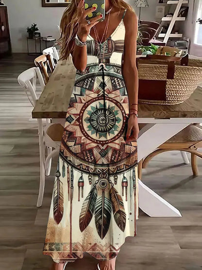 LP | 2024 New 3D Owl Print Vintage Gilet Sleeveless Long Women's Pattern Tribal Spaghetti Strap Dress Summer Long Loose Dresses