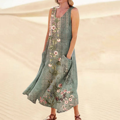 LP | Women's casual retro summer dresses Beach cover-ups with pockets Plus Size Cotton loose linen T-shirt Long beach dress