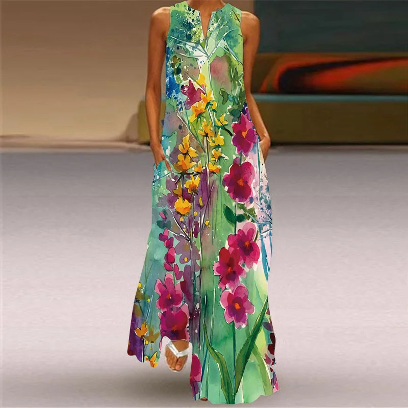 LP | Spring Summer Long Women's Floral Sleeveless Dress Sleeveless Print Loose Elegant Party Dress For Women 2024 Casual Beach Maxi Dress Women's