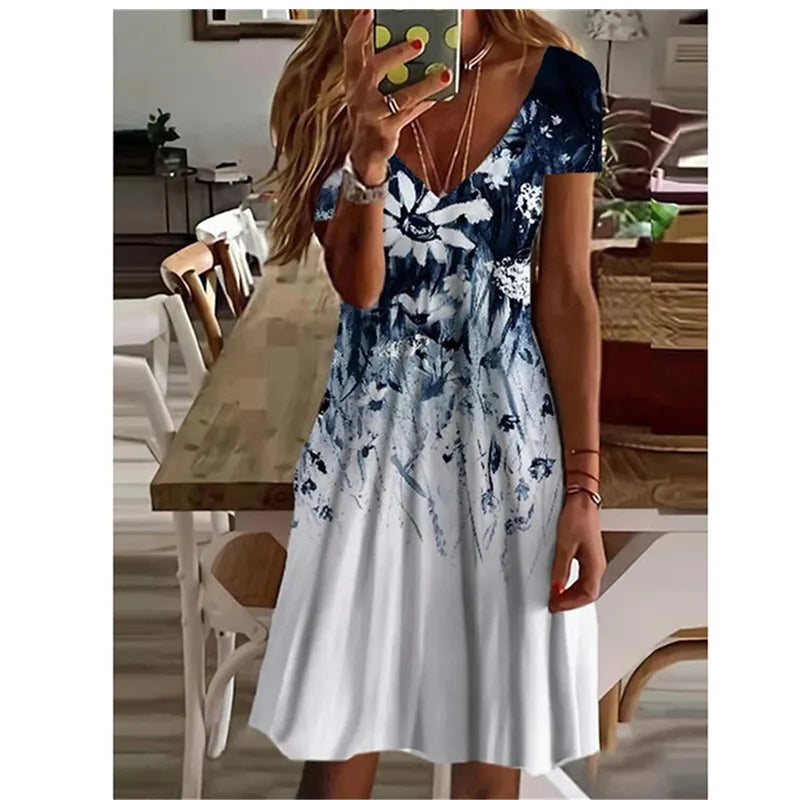 LP | Women Summer Short Sleeve V-Neck Casual Dress 3D Vintage Floral Printed Elegant Knee Dress S-3XL Lady Vestidos