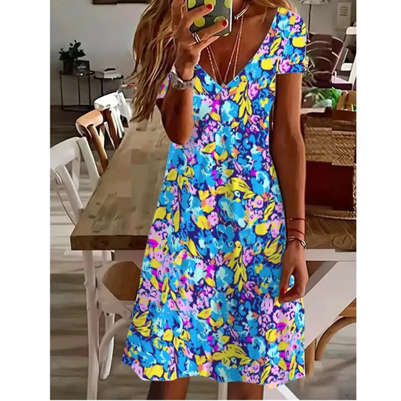 LP | Women Summer Short Sleeve V-Neck Casual Dress 3D Vintage Floral Printed Elegant Knee Dress S-3XL Lady Vestidos