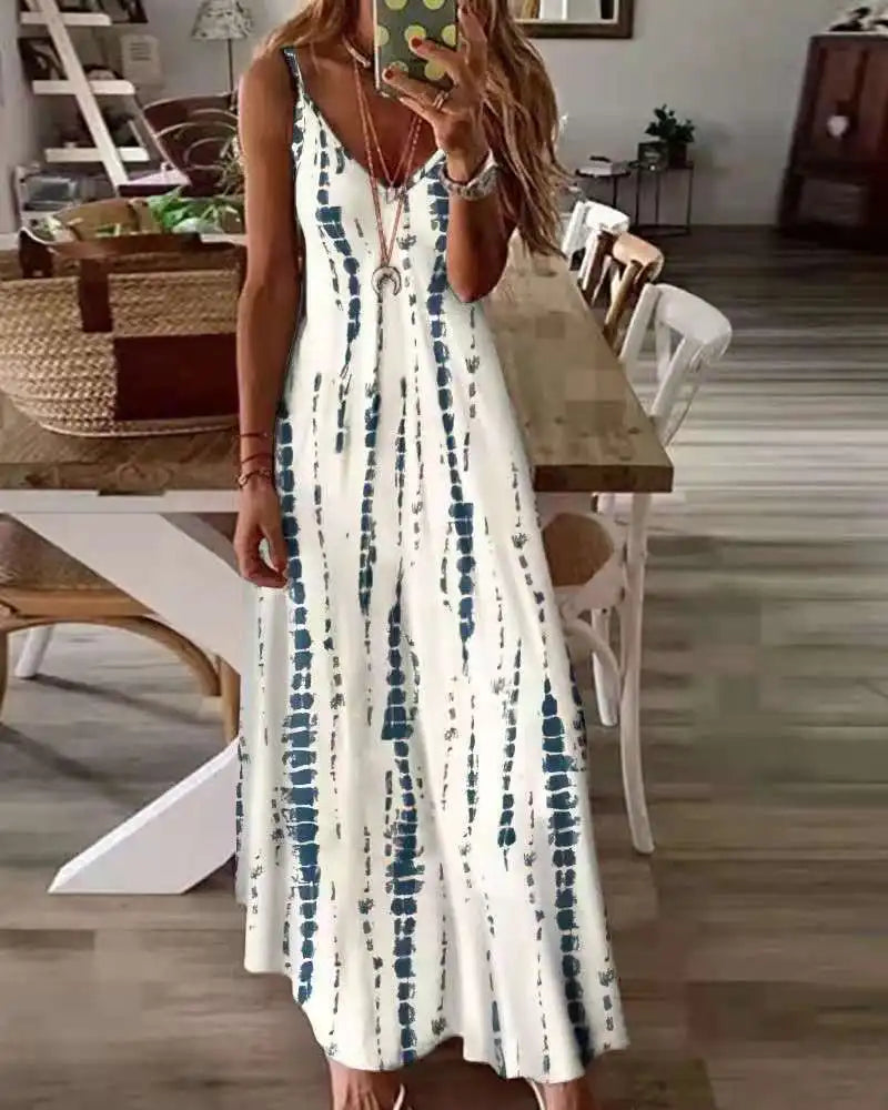 LP | Maxi Dresses Spaghetti Strap Printed Casual for Women V-neck Backless A-Line Long Dress Fashion Bohemian Style Beach Vestidos