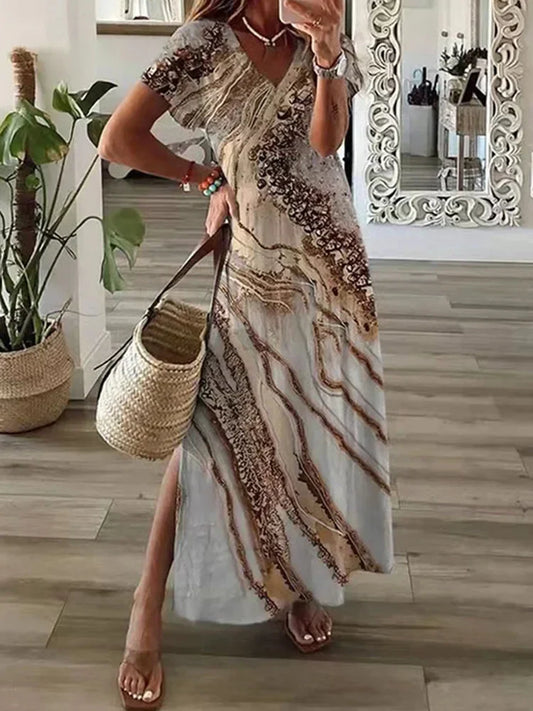 LP | T-shirt-printed irregular geometric Long dress Women's Summer Round neck Short sleeve A-Line casual dress-for-holidays