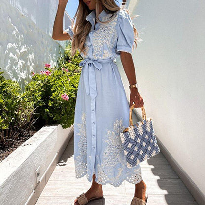 Shirt dress - Lace embroidery and adjustable belt