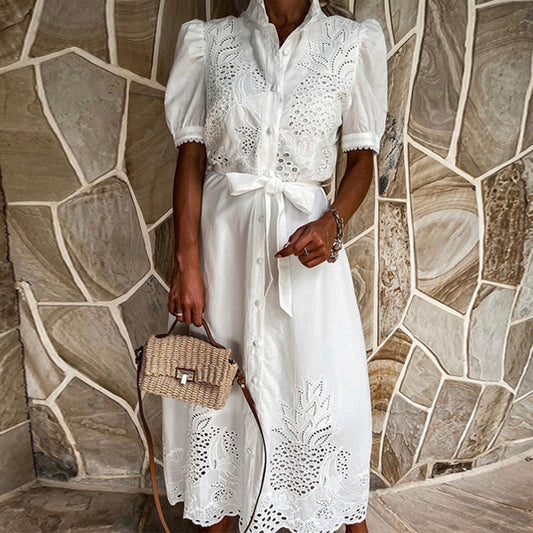 Shirt dress - Lace embroidery and adjustable belt