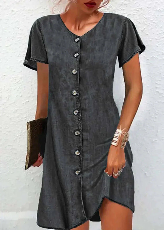 LD Simple blue denim dress with short sleeves and V-neckline