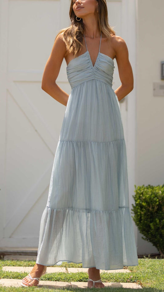 Shimmering Blue Transparent and Ethereal Halter Long Dress
