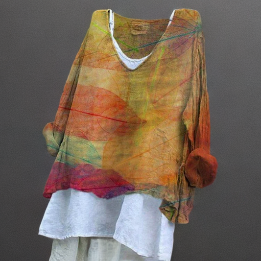 Tierne - Casual V-neck T-shirt in cotton and linen with leaf print