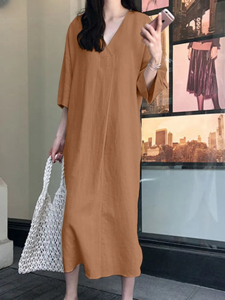 LP | Solid-color cotton and linen dress with buttons