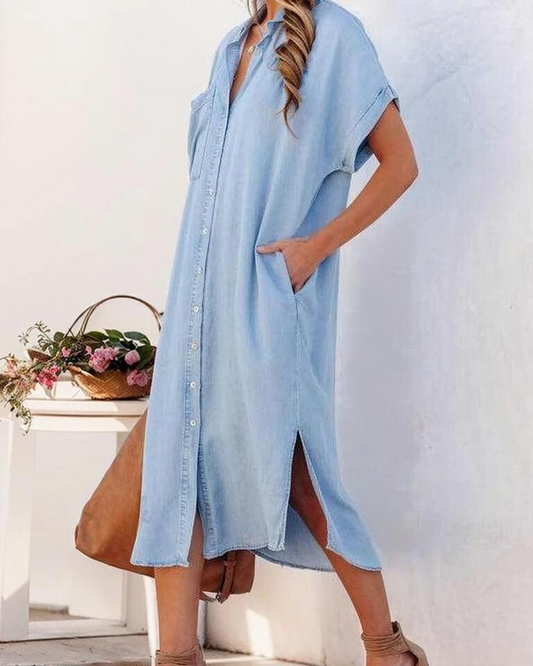 Shirt dress with buttons.