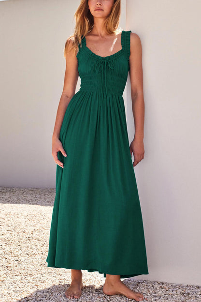 LP | V-neck midi dress with smocked workmanship