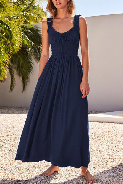 LP | V-neck midi dress with smocked workmanship