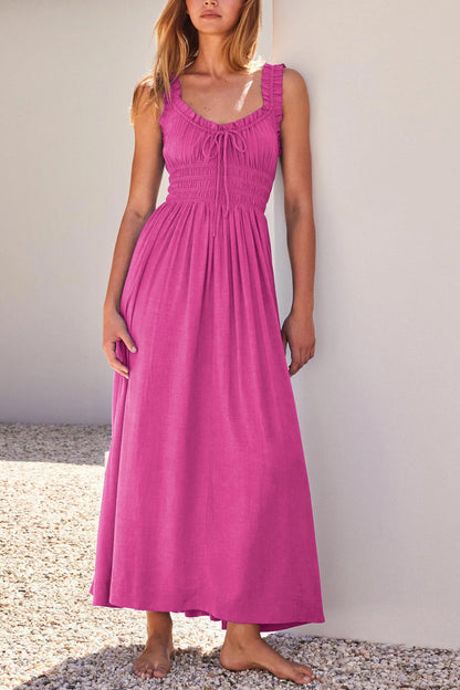 LP | V-neck midi dress with smocked workmanship