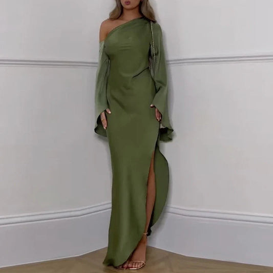 LD Long dress with asymmetrical neckline and sophisticated slit for special occasions