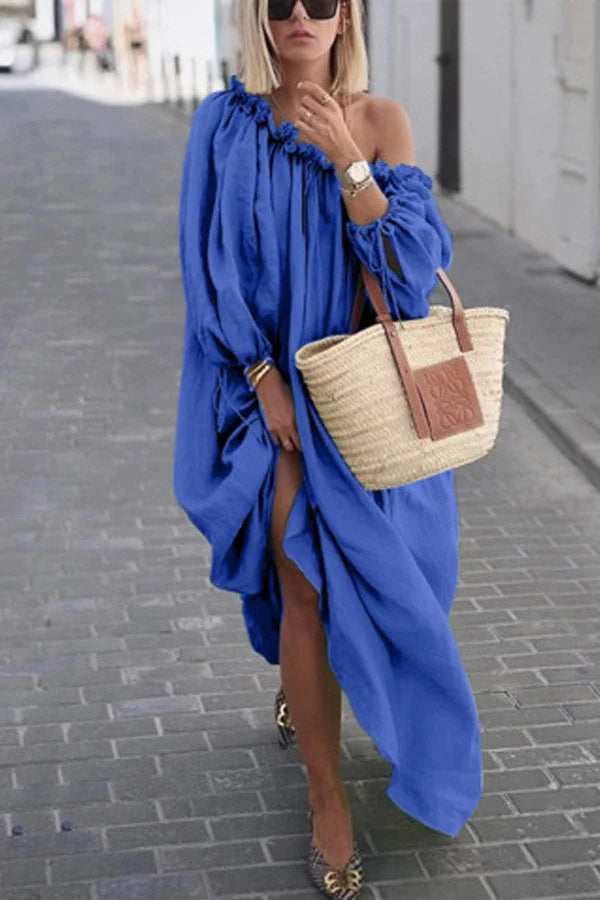 Mc | Solid casual dress with one shoulder.