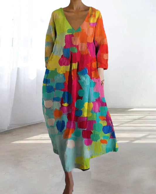 Colorful printed dress with V-neckline