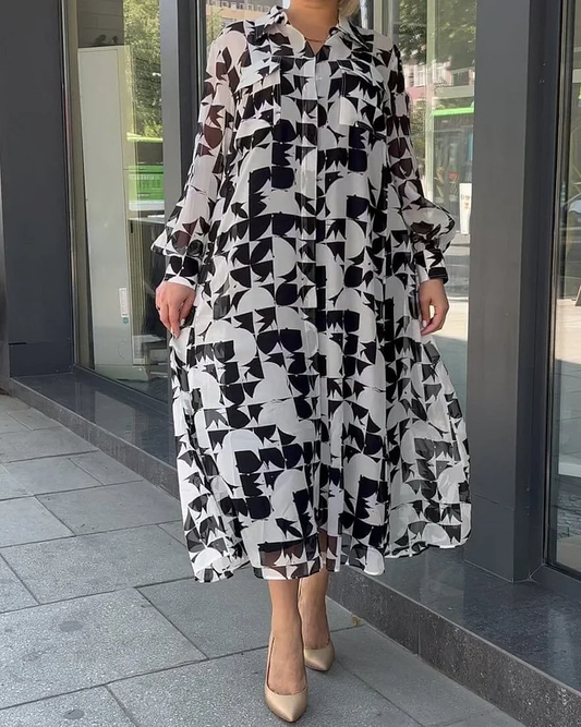 Long-sleeved casual dress with fashionable lapels and turn-ups