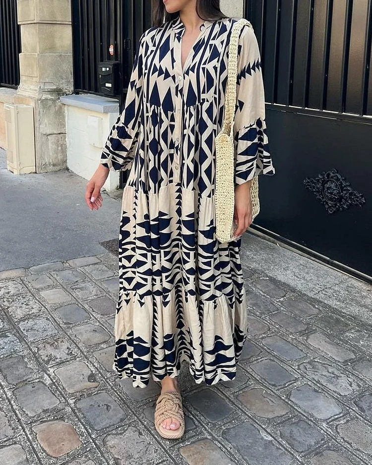 Kimy women's fashion, casual, V-neck, long-sleeved, printed dress