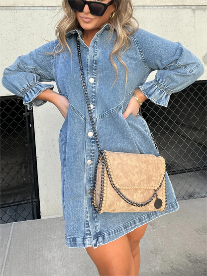 Washed denim dress with puff sleeves