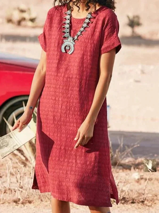 Mc | Summer midi dress with round neckline and short sleeves