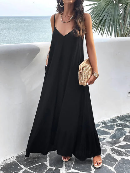 LD Long sleeveless single-color pleated dresses